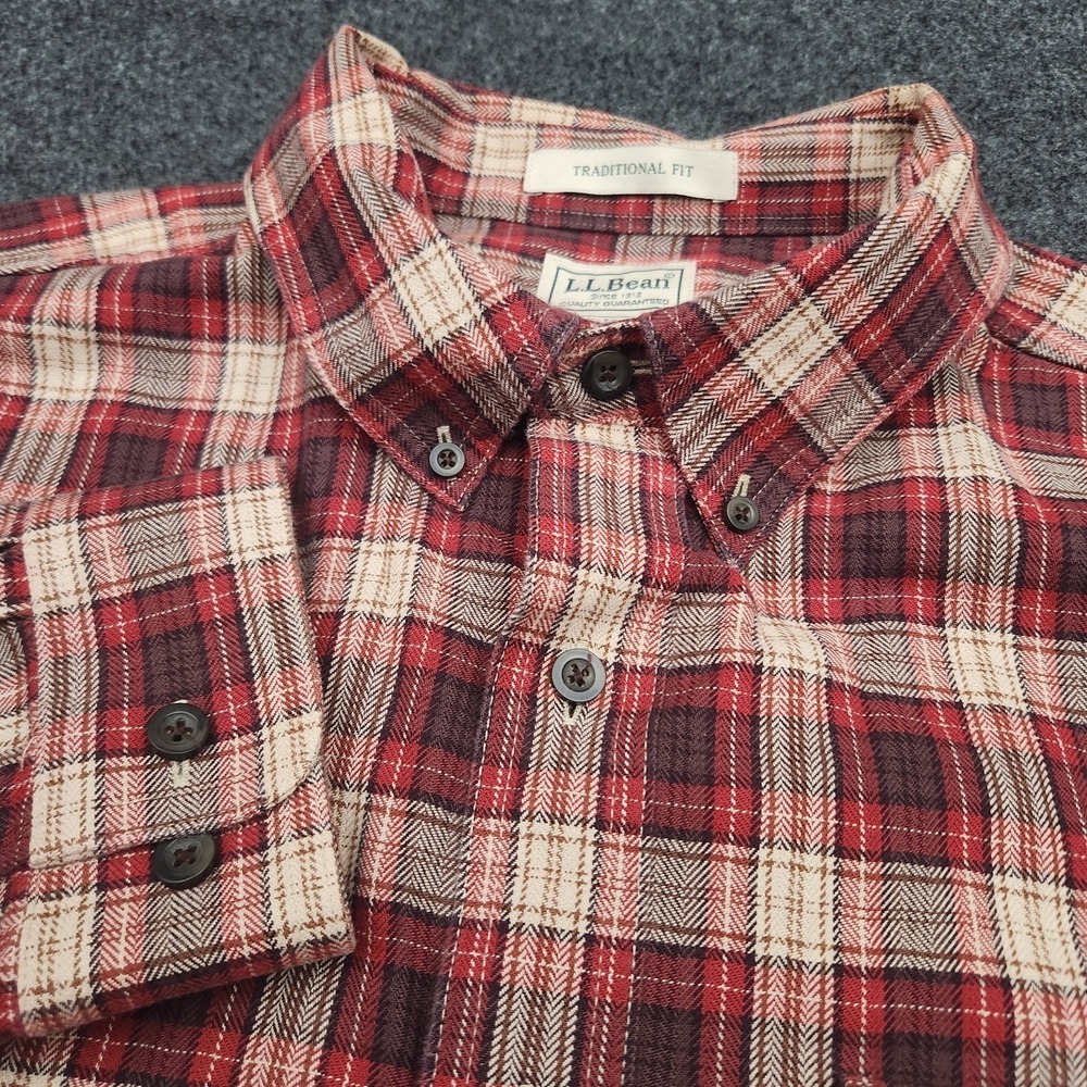 L.L. Bean Mens XL Tall Red Cream Plaid Flannel Button Down Shirt 253771